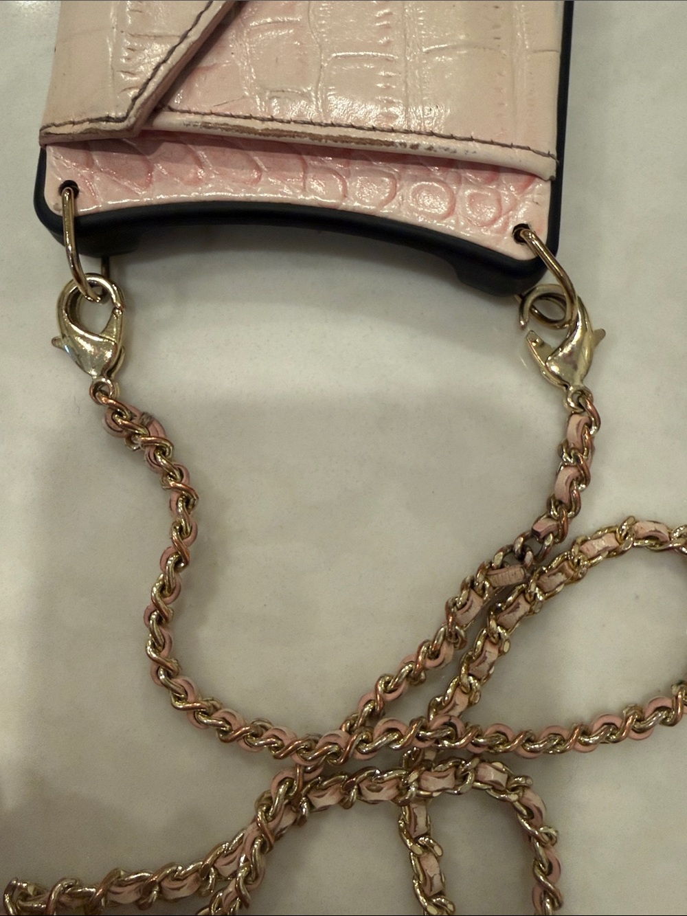Bandolier iPhone 16 Pro Max Case in pink snake skin with Gold Chain - Picture 7 of 10